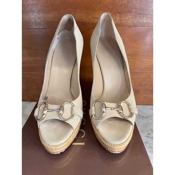 Gucci Suede Horsebit Platform Open toe Heels Pumps Sand 6.5 - Picture 6 of 15